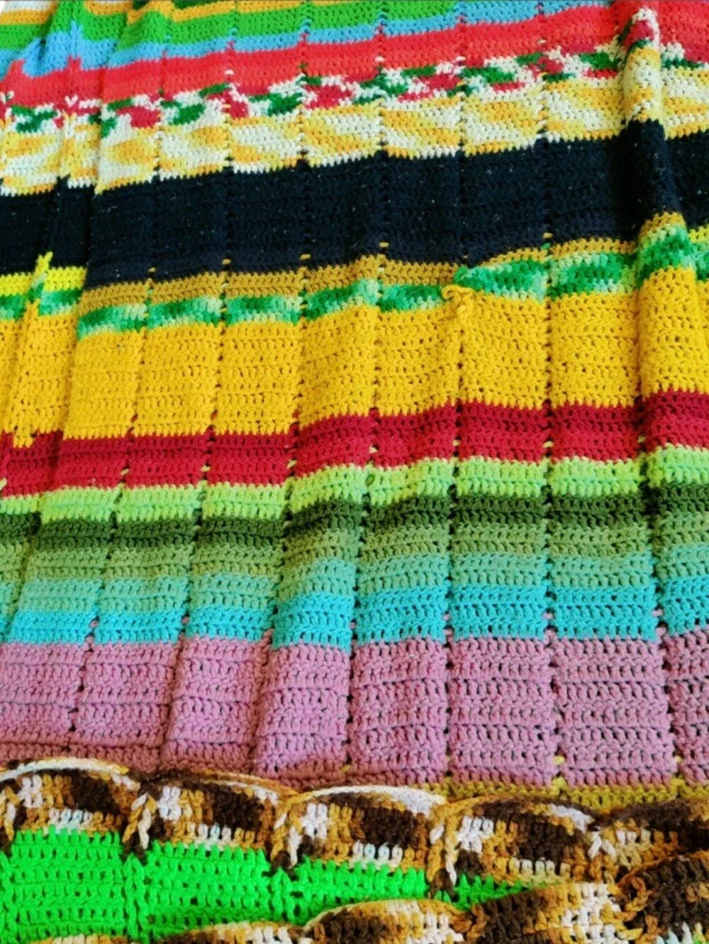 Vintage Crochet Afghan Blanket Knit Granny Cottagecore Colorful Retro 80x90